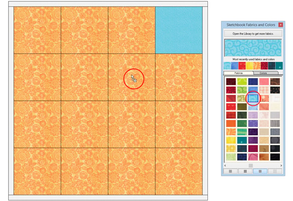 Select a new fabric from the palette, then click on the fabric block you want to replace.