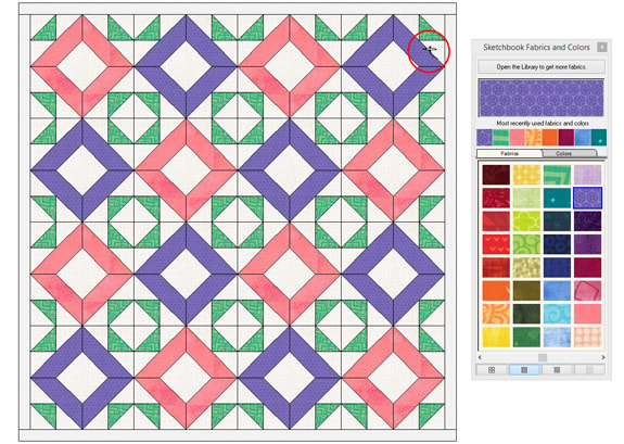 Use Alt+click (Windows) or Option+click (Mac) to color all similarly-colored patches with the same fabric or color in alternating blocks in the quilt. 