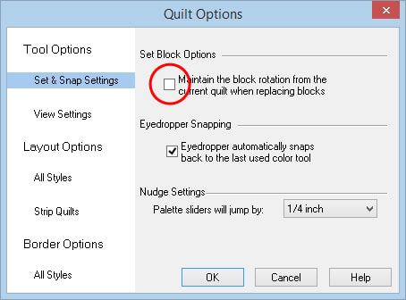 File > Quilt Options > Set & Snap Settings