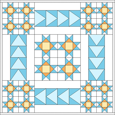 This quilt shows blocks set into the layout. 